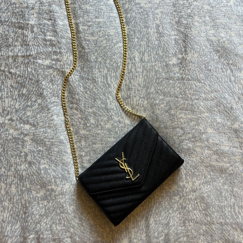 Yves Saint Laurent Black Quilted Crossbody Bag with Gold Chain